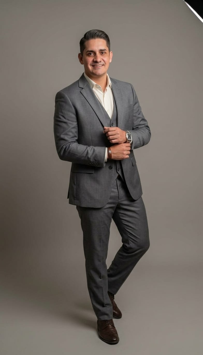 retrato profissional de corpo inteiro de um homem sorridente de terno cinza com camisa branca, em estúdio com 