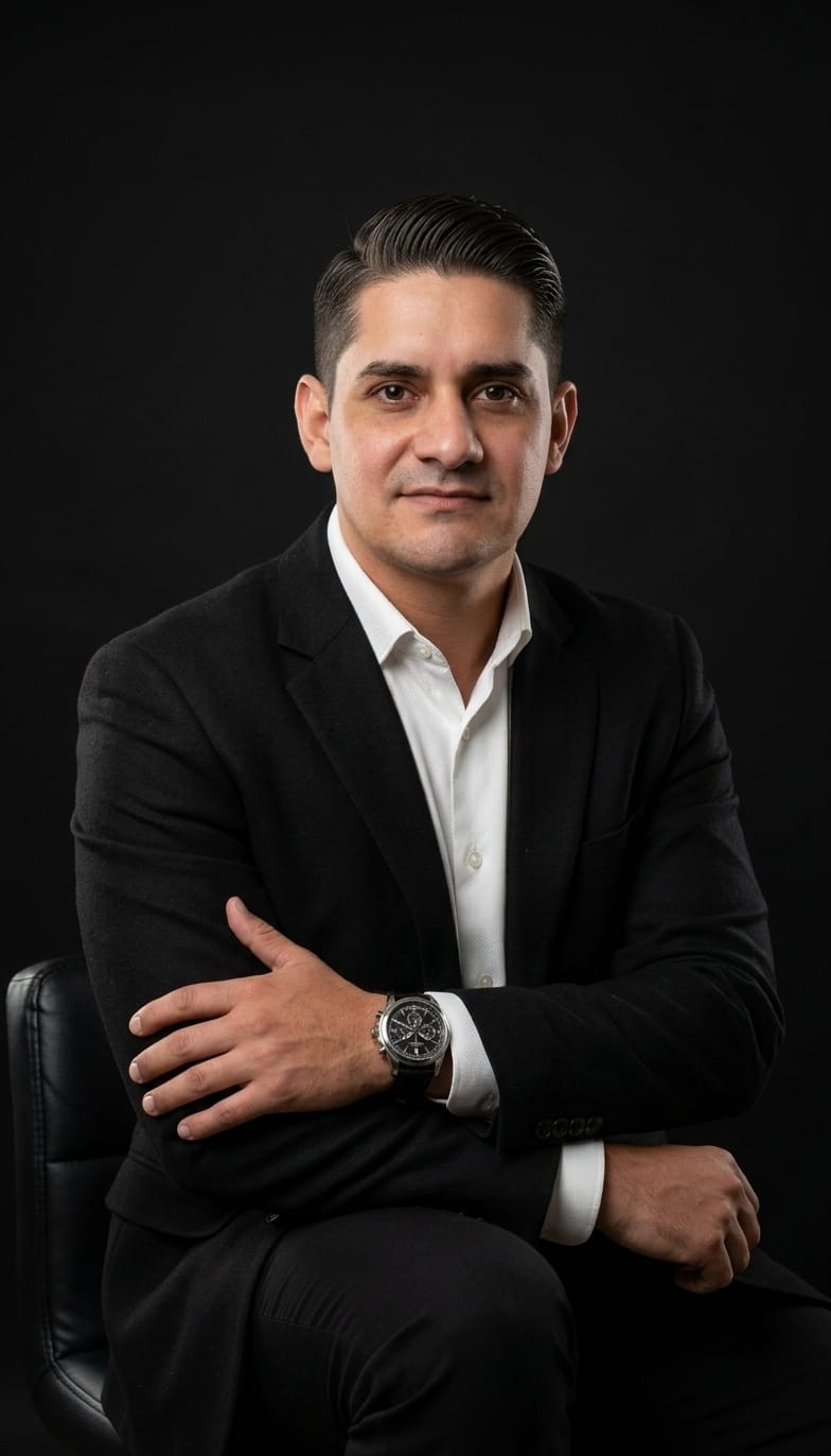 retrato profissional de um homem de terno preto e camisa branca, sentado de braços cruzados sobre fundo escuro