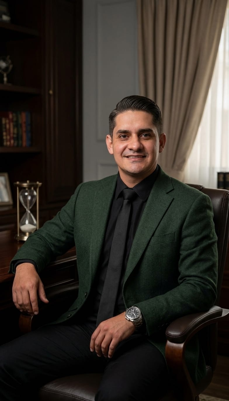 retrato profissional de um homem sorridente de terno verde escuro e gravata preta sentado numa cadeira de cour