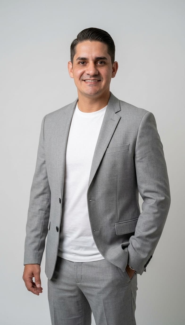 retrato profissional de homem sorrindo de terno cinza claro e camiseta branca em fundo neutro