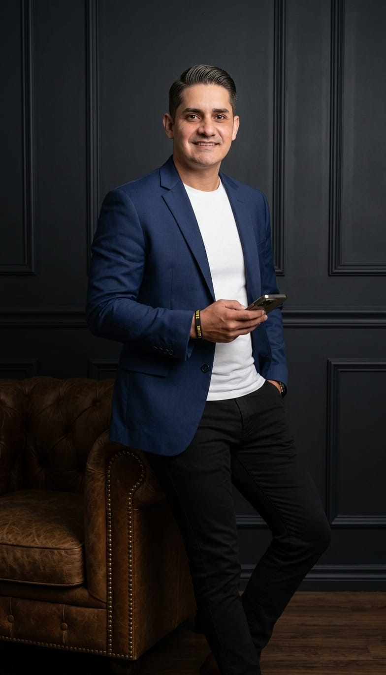 retrato profissional de um homem sorridente de blazer azul marinho e calça preta, encostado num sofá de couro 