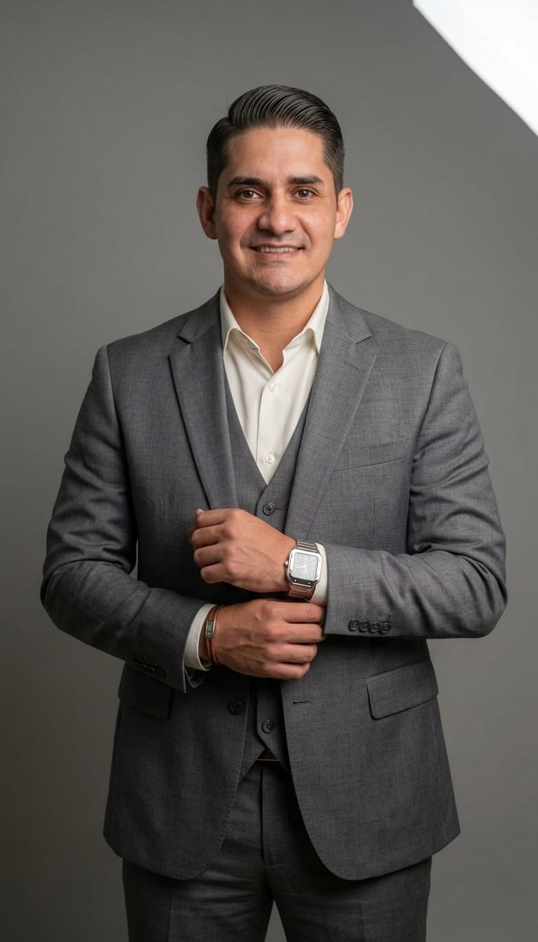 retrato profissional de um homem sorridente de terno cinza ajustando a manga, fundo cinza de estúdio